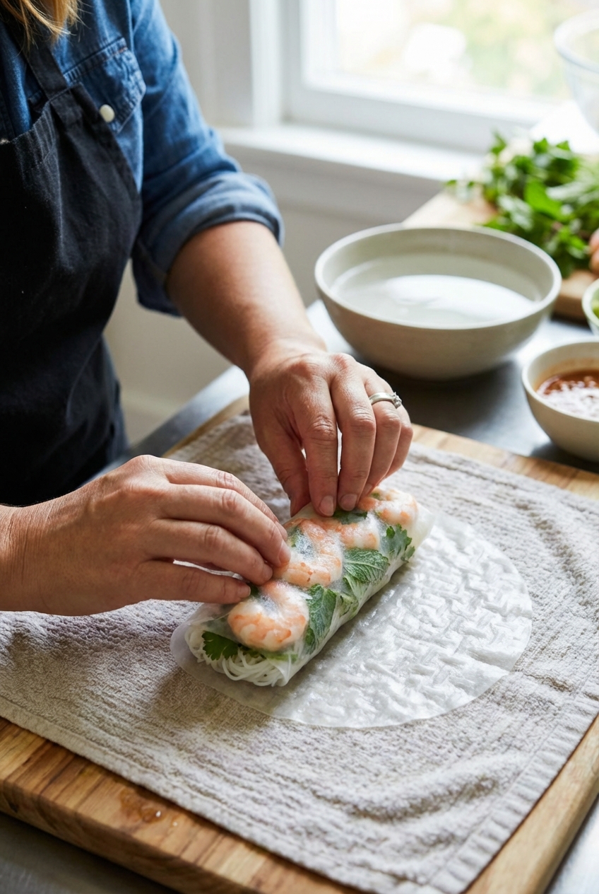 A photograph of hands rolling a rice paper spring roll on a damp kitchen towel with shrimp and herbs visible through the wrapper