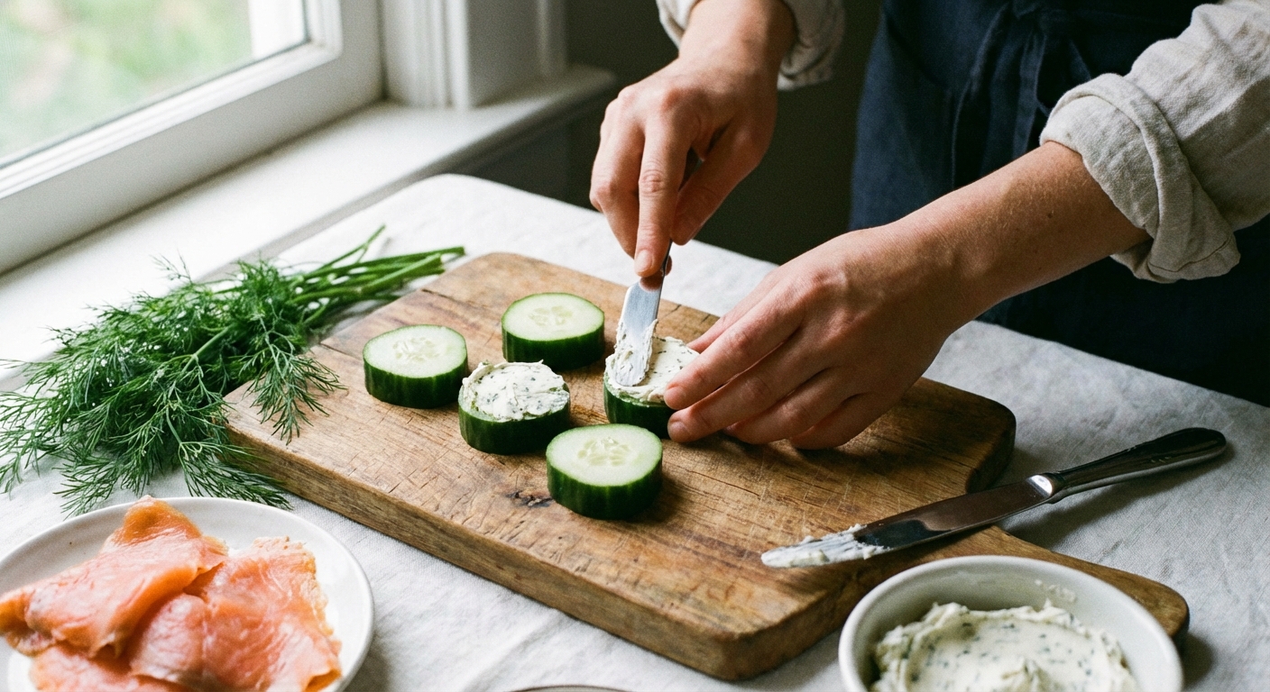 A photograph of hands spreading herbed cream cheese onto cucumber slices on a cutting board with smoked salmon and dill nearby