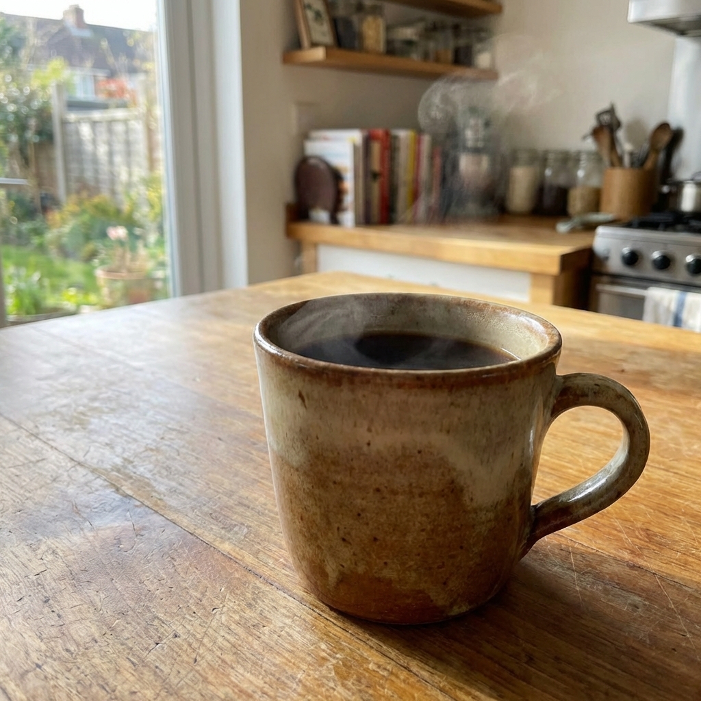 A photograph of hot coffee in a ceramic mug on a countertop