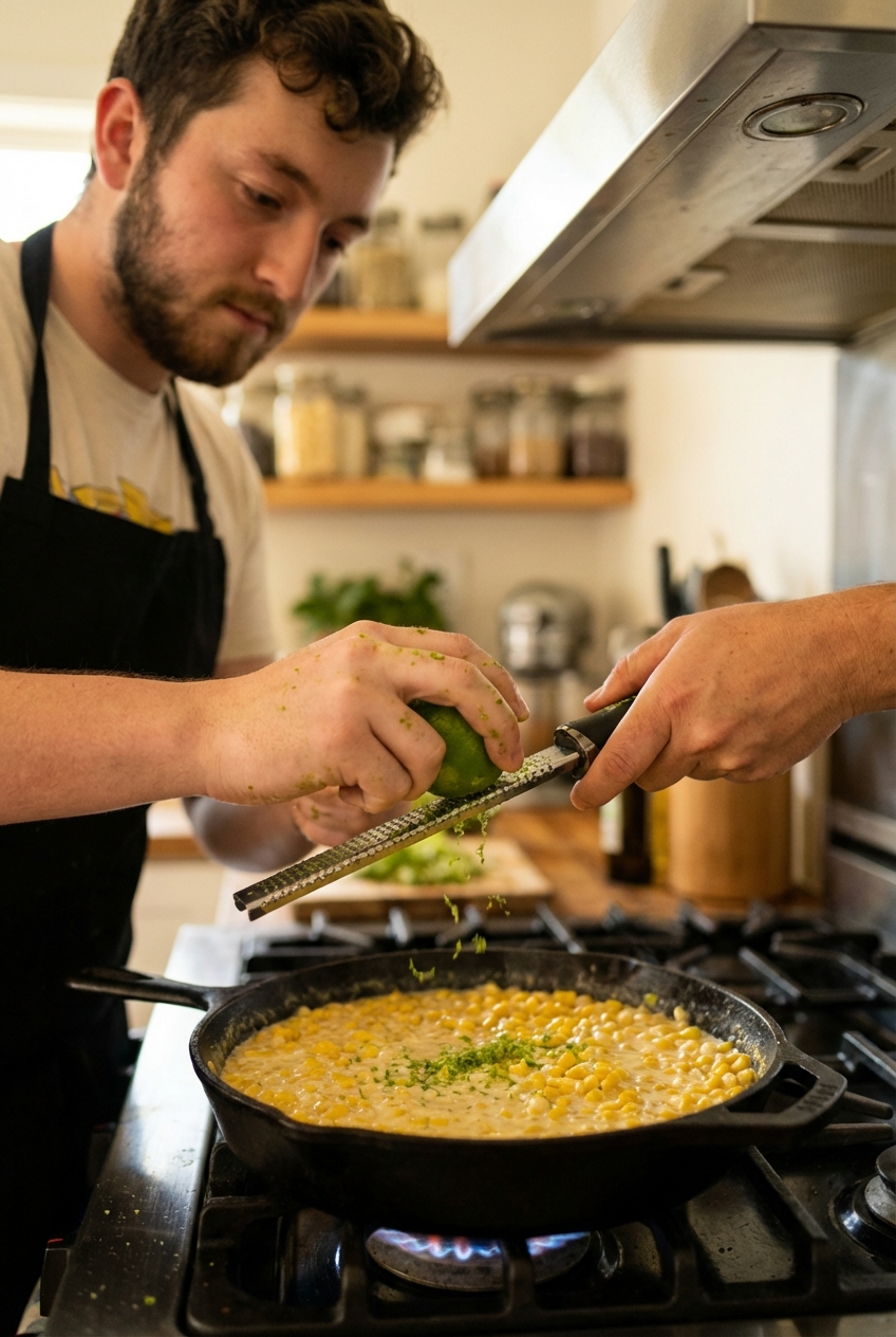 A photograph of lime zest being grated over a pan of creamy corn on the stove