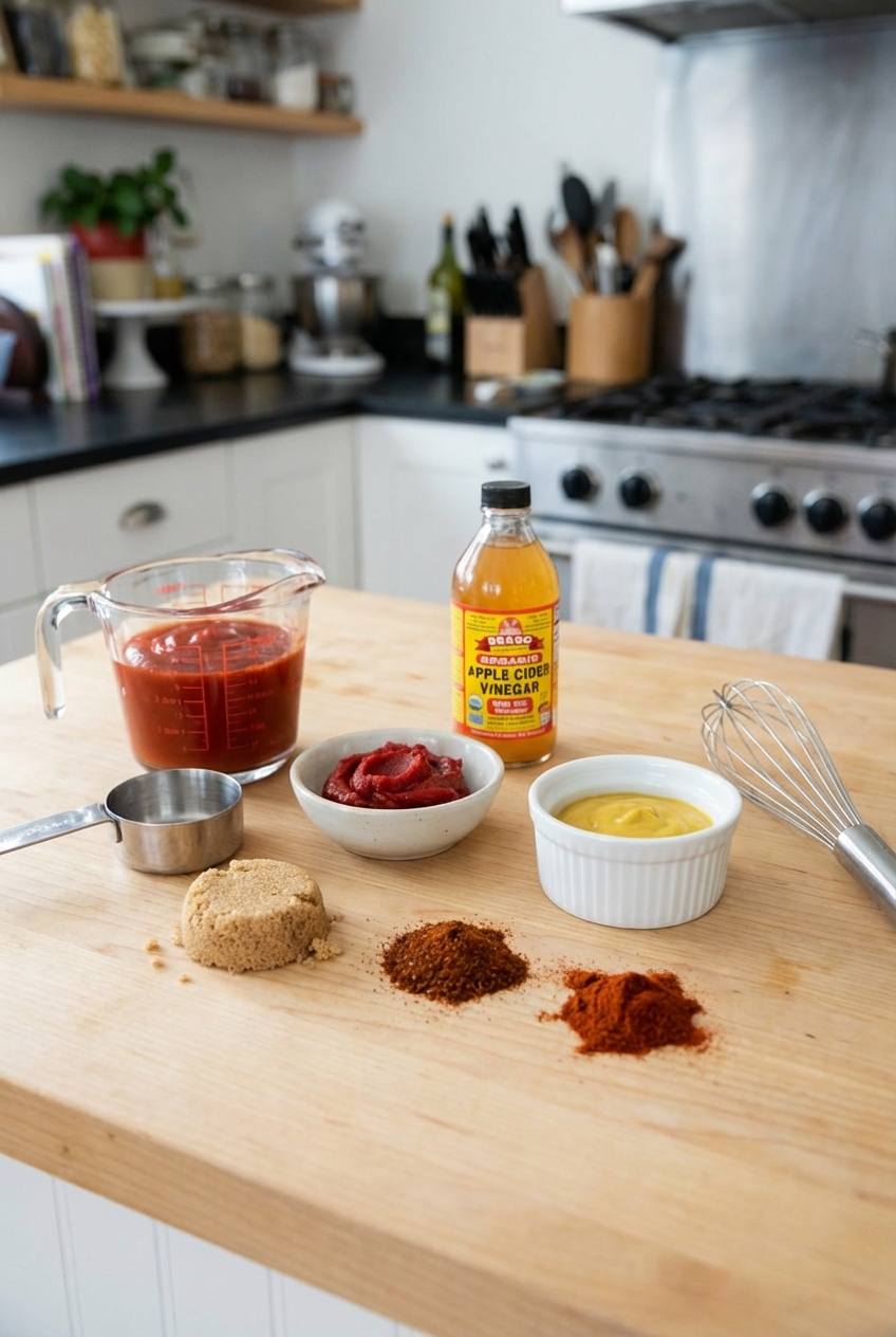 A photograph of measured sloppy joe ingredients on a counter including ketchup, tomato paste, mustard, vinegar, and spices