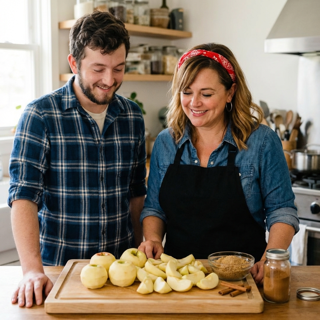 A photograph of peeled and cored apples cut into wedges on a cutting board with cinnamon and brown sugar nearby