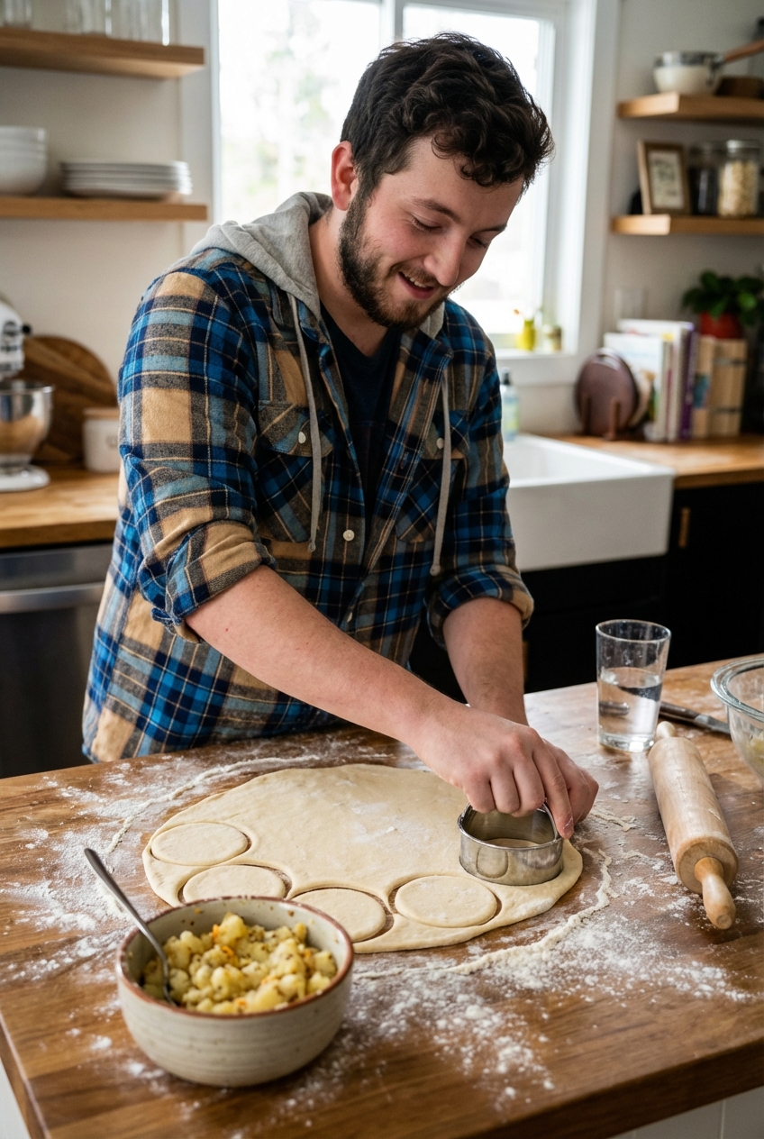 A photograph of pierogi dough rolled out on a floured wooden counter with round cutouts and a small bowl of potato filling nearby