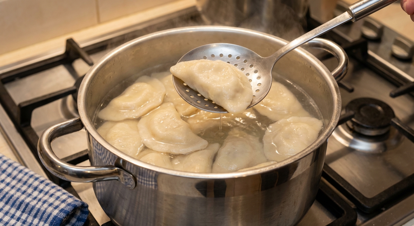 A photograph of pierogi simmering in a pot of water with a slotted spoon lifting one to the surface