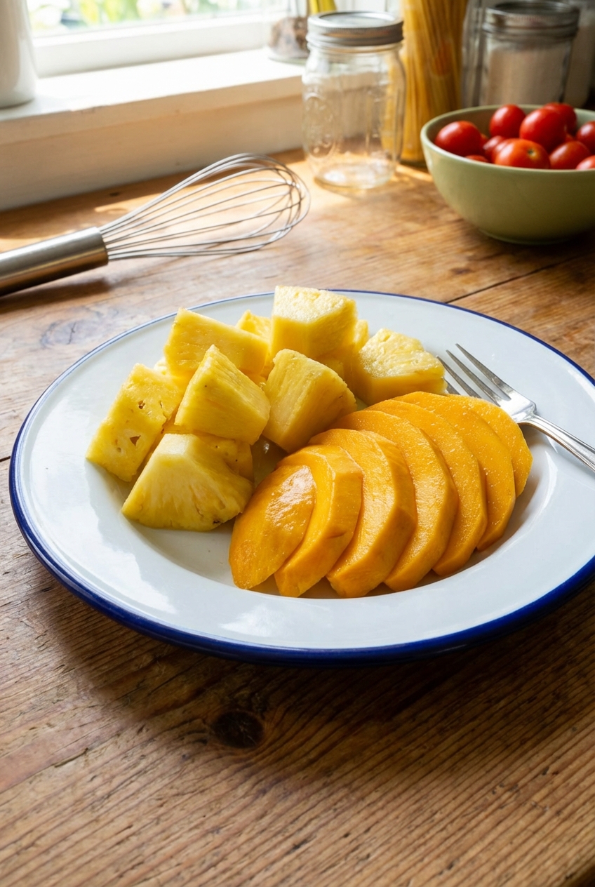 A photograph of pineapple chunks and sliced mango on a plate