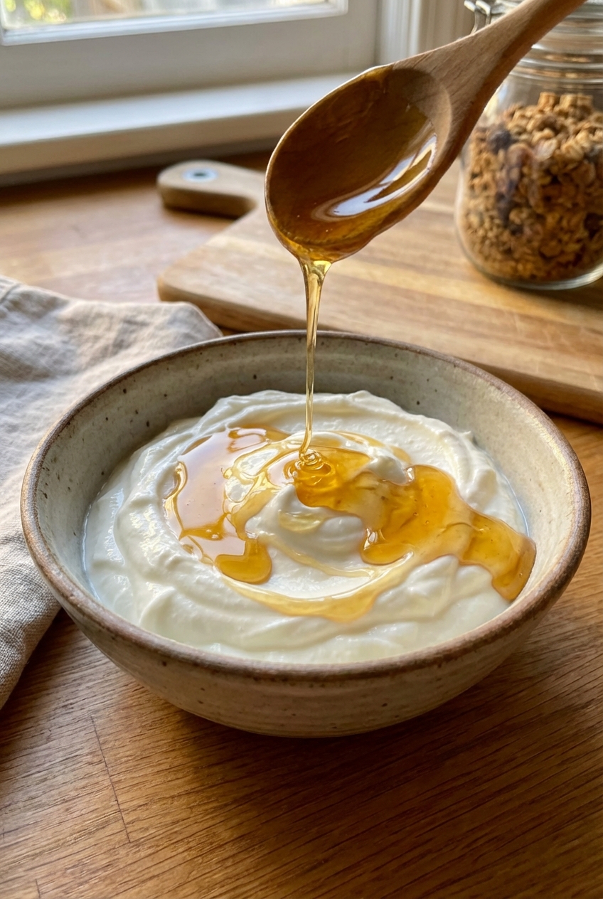 A photograph of plain Greek yogurt in a bowl drizzled with honey