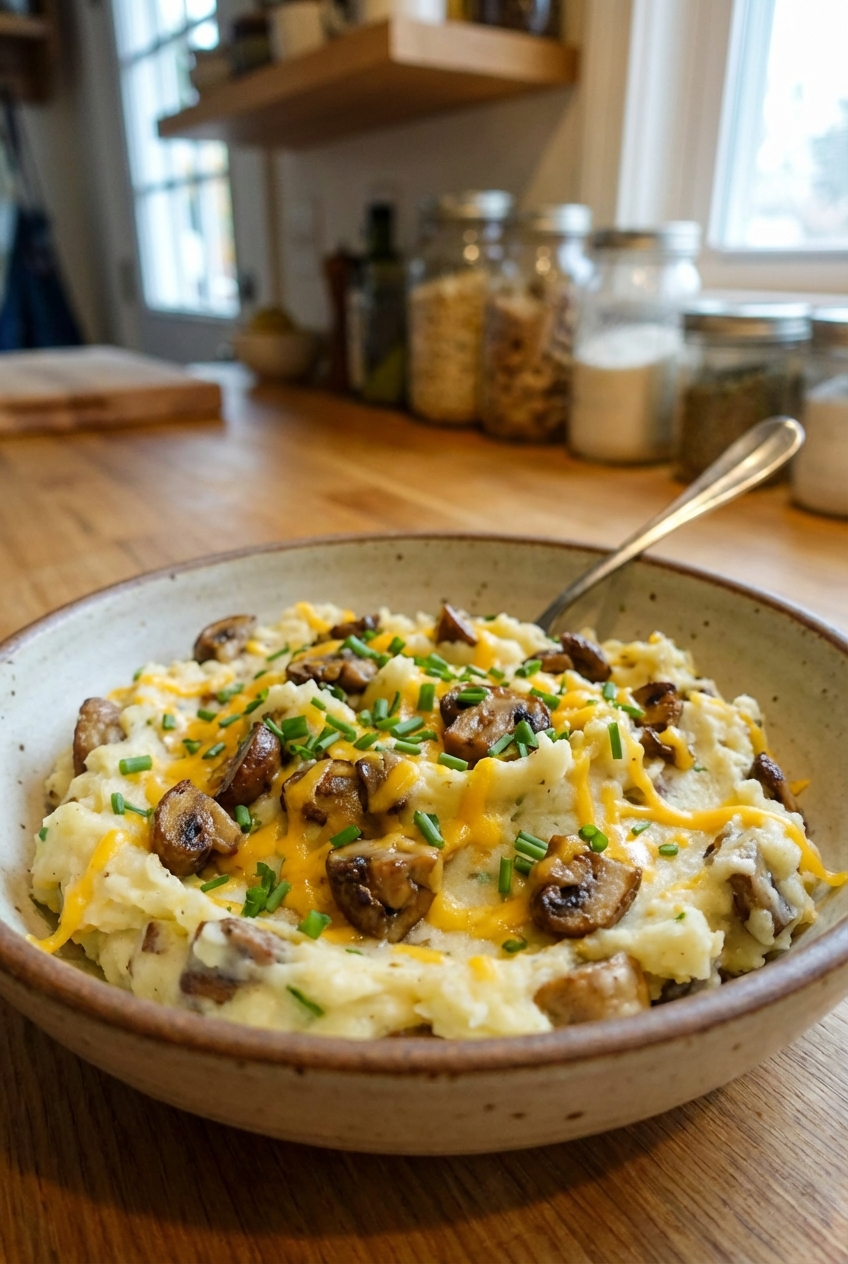 A photograph of potato pierogi filling in a bowl with visible sautéed mushrooms, shredded cheddar, and chives