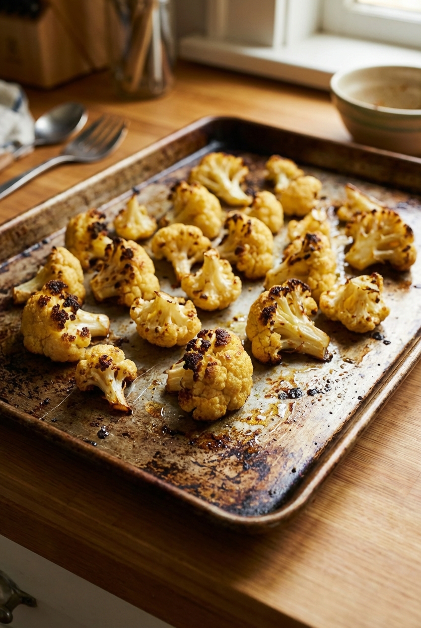 A photograph of roasted cauliflower florets with caramelized edges on a baking tray