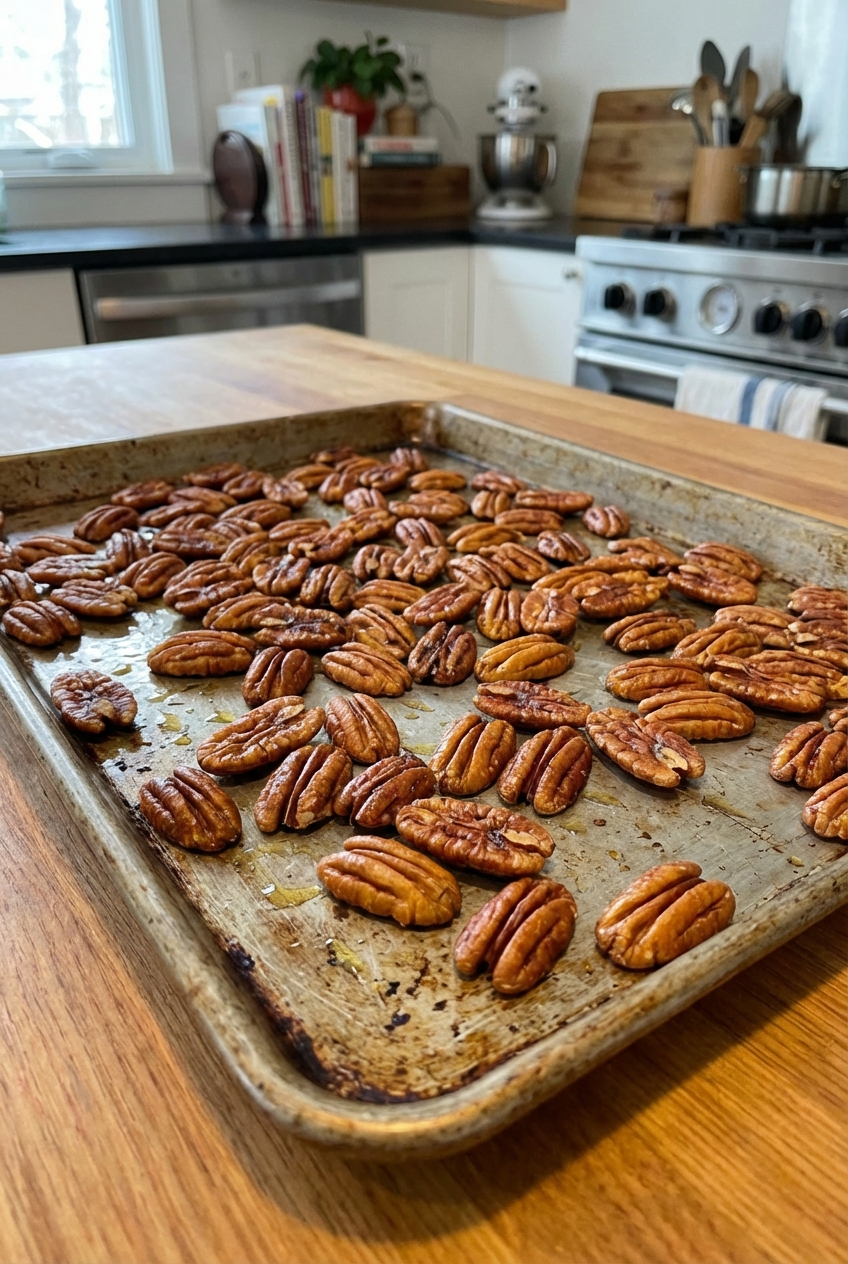 A photograph of roasted pecans on a sheet pan