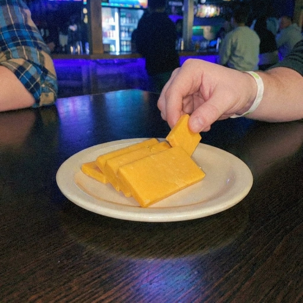 A photograph of sharp cheddar cheese slices on a small plate