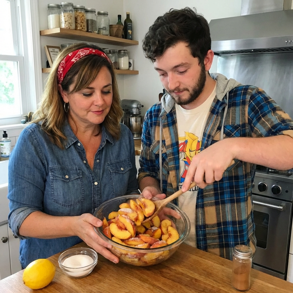 A photograph of sliced peaches tossed in a glass bowl with sugar, lemon juice, and cinnamon