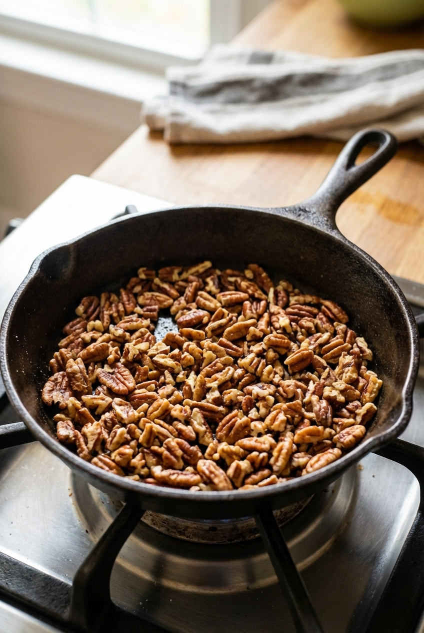 A photograph of toasted chopped pecans in a small skillet