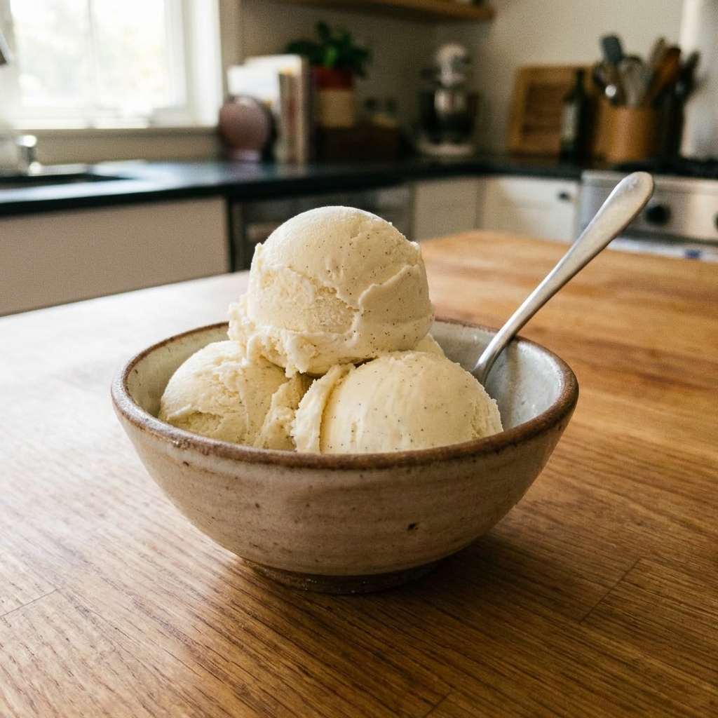 A photograph of vanilla ice cream scoops in a small bowl