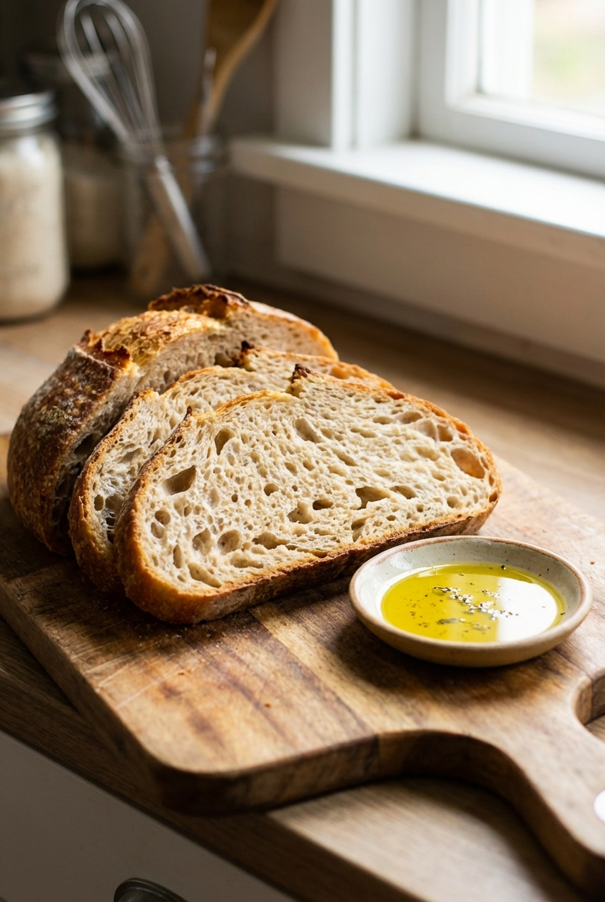 A photograph of warm crusty bread slices on a wooden board with a small dish of olive oil