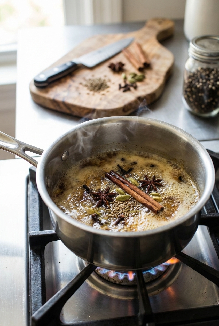 A photograph of whole spices toasting in melted butter in a small saucepan on a stovetop