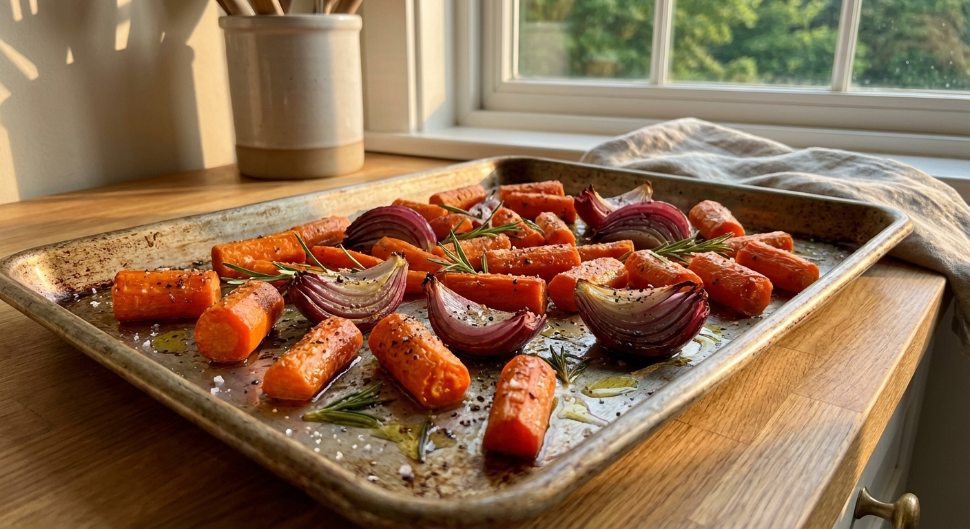 A photorealistic baking sheet of roasted carrot chunks and onion wedges with caramelized edges, lightly glossy with olive oil, sitting on a kitchen counter in warm natural light