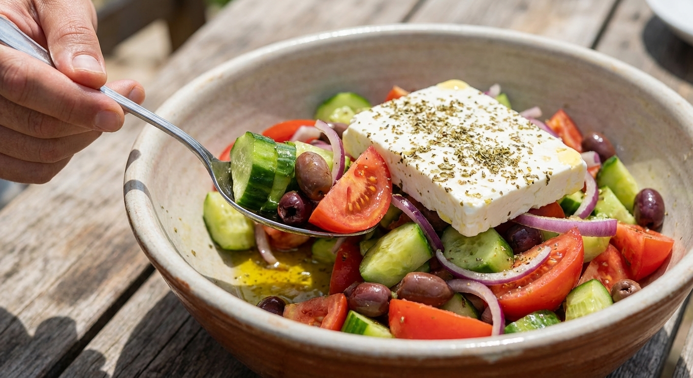 A photorealistic close up food photograph of a Greek salad being served from a large bowl, showing a thick slab of feta on top with oregano, tomatoes and cucumbers glistening with olive oil, and a serving spoon lifting a portion in bright natural light