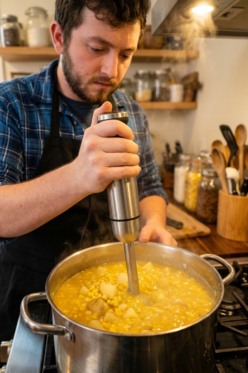 A photorealistic close-up of an immersion blender blending corn chowder in a large pot on a stovetop, with visible corn and potato pieces, warm kitchen lighting