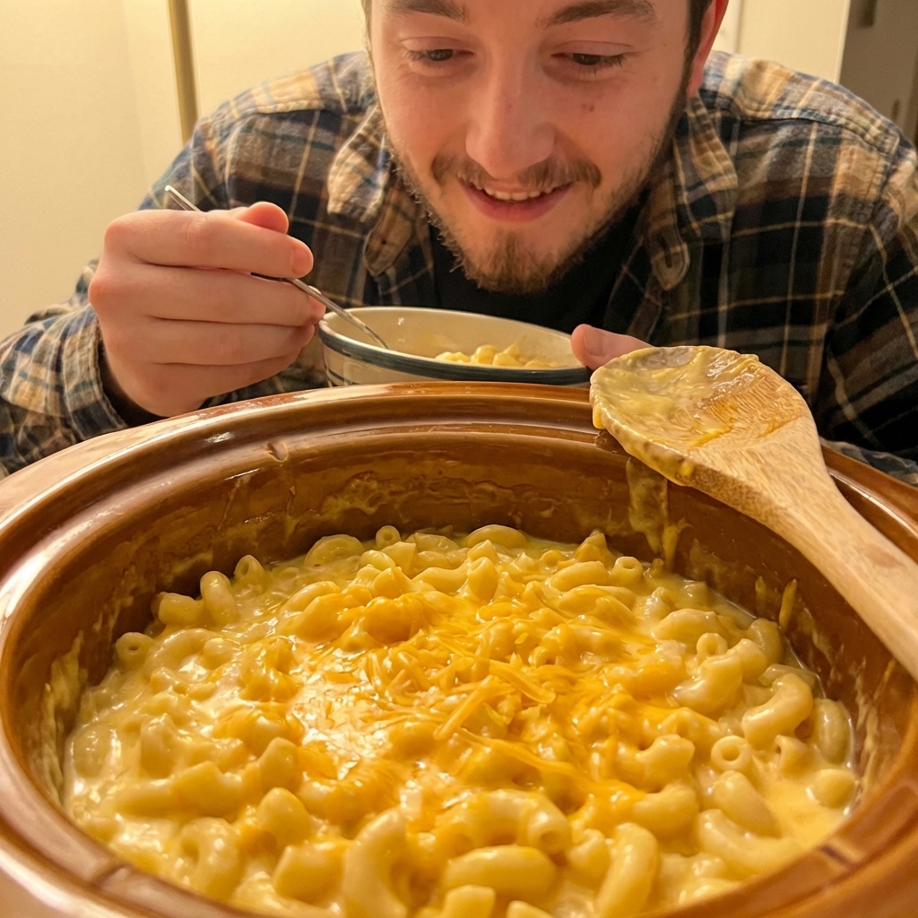 A photorealistic close-up of elbow macaroni coated in a glossy cheese sauce in a slow cooker, with shredded cheddar melting on top, warm indoor lighting, and a wooden spoon resting on the edge