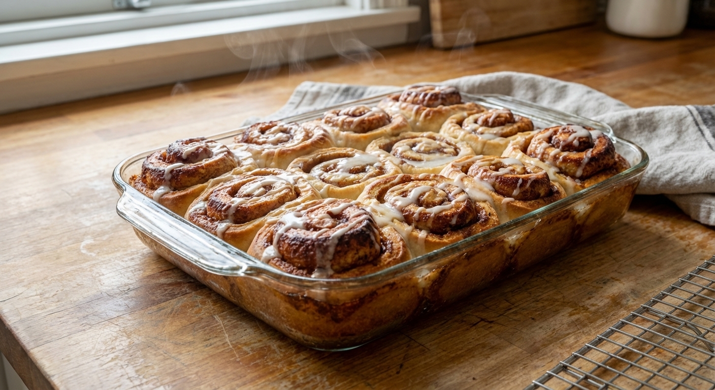 A photorealistic close-up of golden cinnamon rolls baked in a glass baking dish on a countertop, steam lightly rising, crisp edges visible