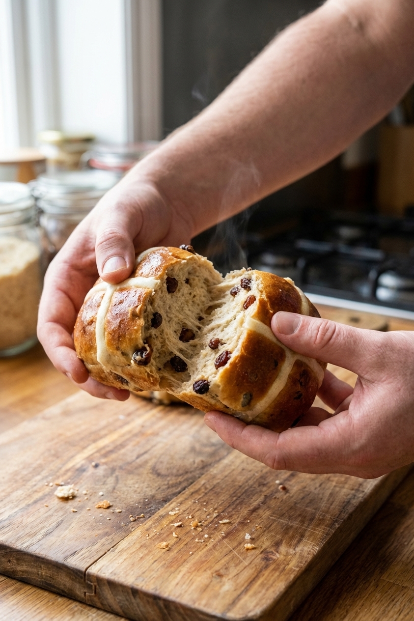 A photorealistic close-up of hands gently pulling apart a hot cross bun to show a stretchy, tender crumb with visible raisins, set on a wooden cutting board with a few crumbs scattered, natural window light
