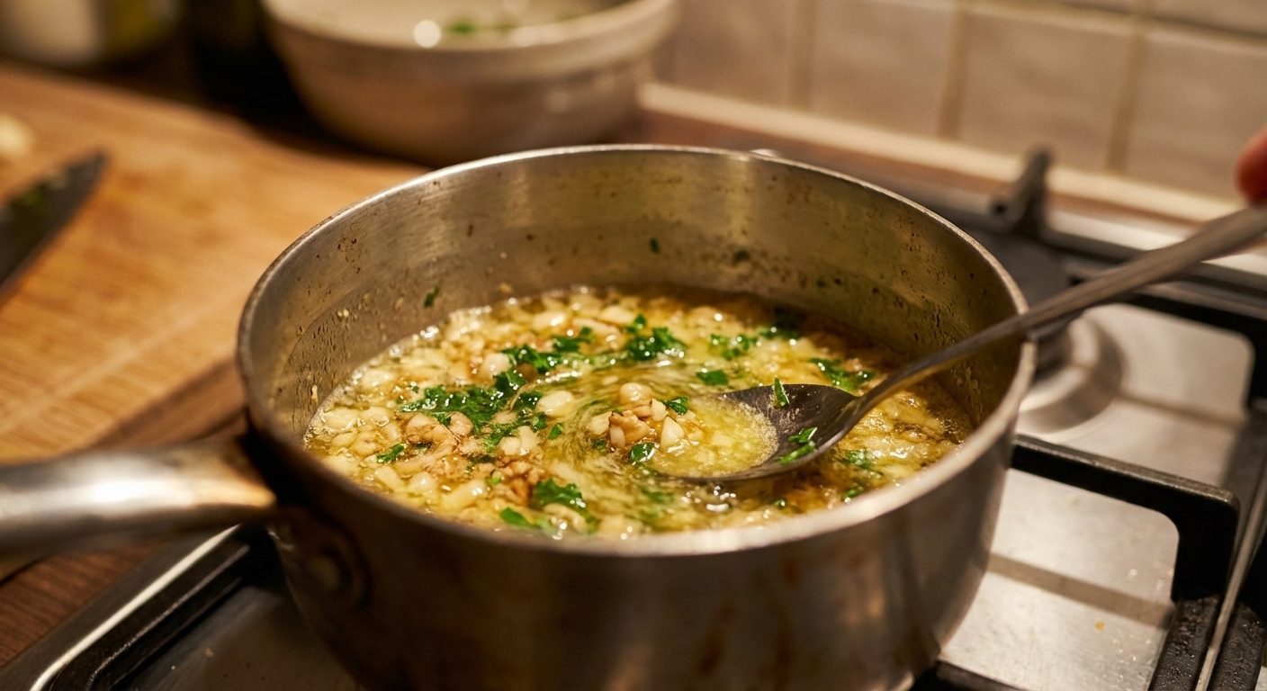 A photorealistic close-up of melted garlic butter in a small saucepan with minced garlic and chopped parsley, a spoon stirring, warm kitchen lighting and shallow depth of field