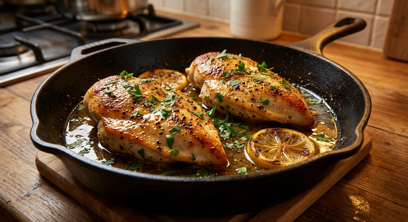 A photorealistic close-up of pan-seared lemon pepper chicken breasts in a black skillet, with a glossy lemon butter pan sauce pooling around the chicken, visible cracked black pepper, lemon slices on the side, and chopped parsley sprinkled on top, warm kitchen lighting