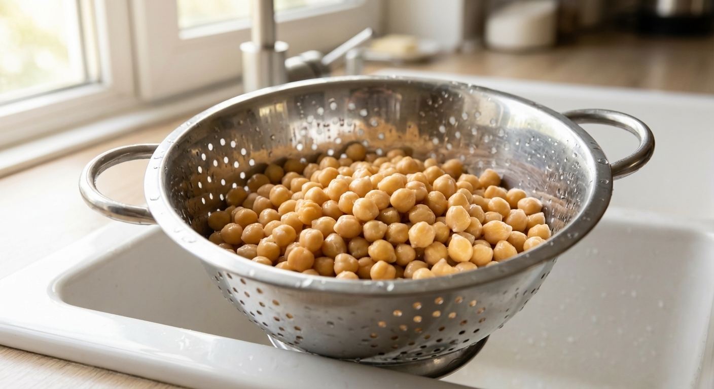A photorealistic close-up of soaked chickpeas draining in a stainless steel colander over a kitchen sink, with droplets of water visible and soft natural light coming from a nearby window