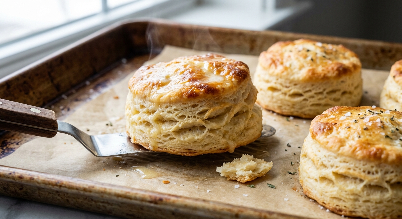 A photorealistic close-up photograph of freshly baked sourdough discard biscuits on a parchment-lined baking sheet, showing flaky layers and golden tops, with a small offset spatula lifting one biscuit