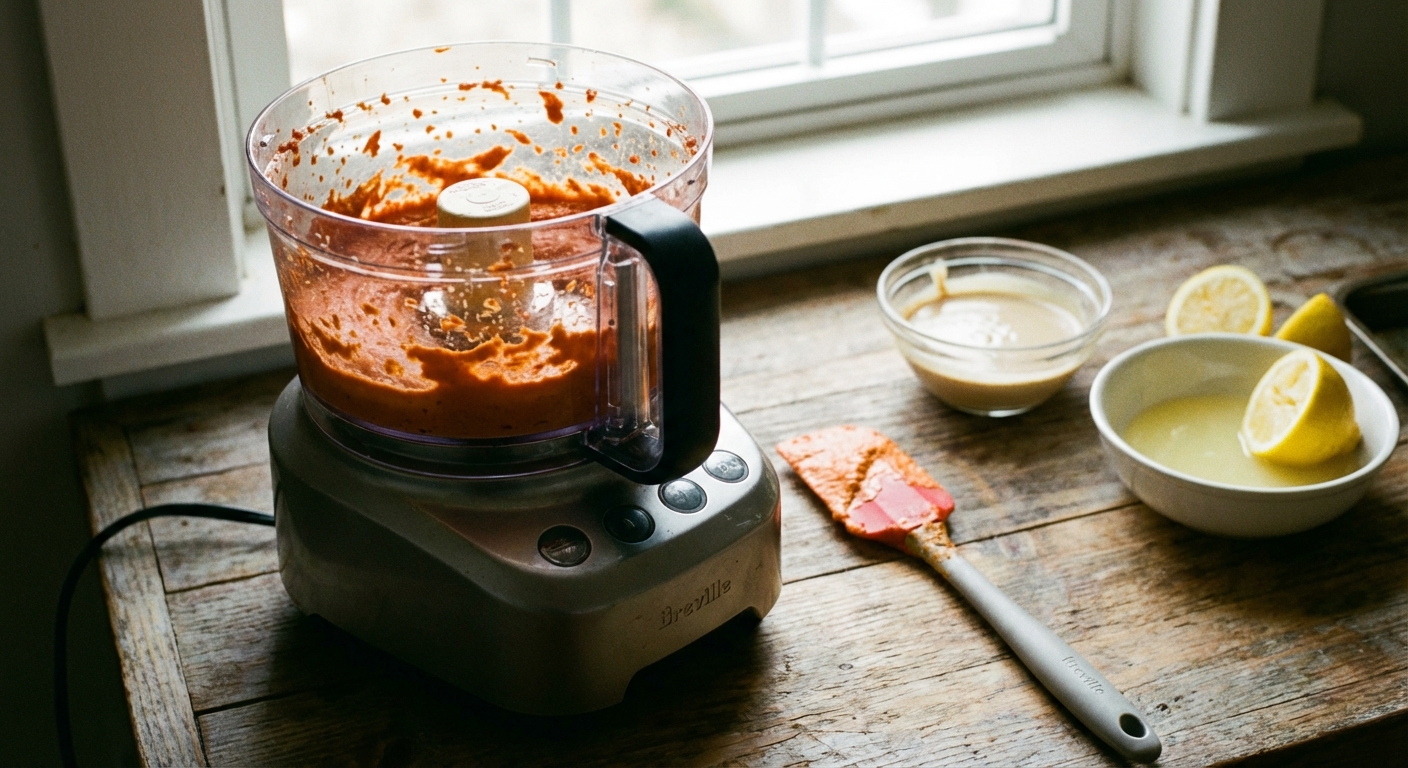 A photorealistic food processor on a kitchen counter filled with smooth roasted red pepper hummus mid-blend, with a spatula nearby and a small bowl of tahini and lemon juice in the background, natural daylight