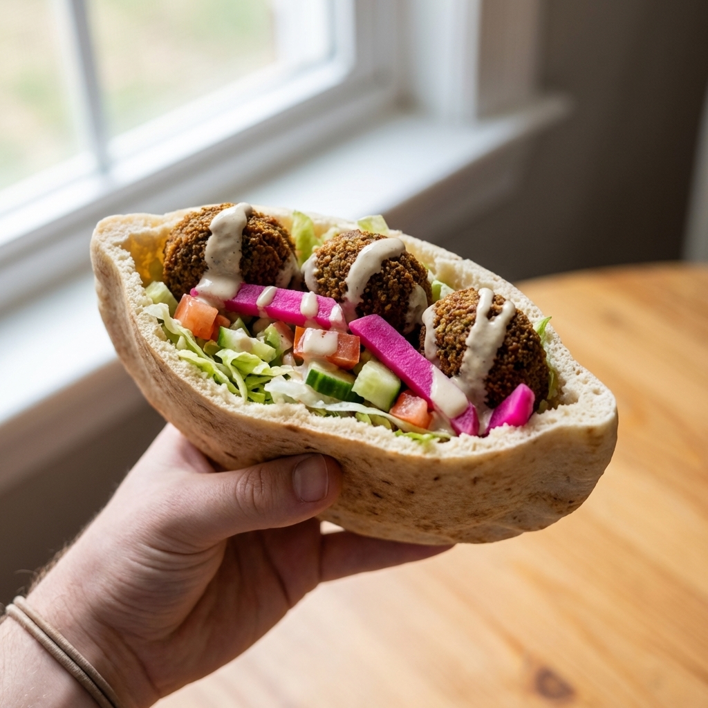 A photorealistic handheld falafel pita sandwich stuffed with several crisp falafel balls, shredded lettuce, chopped tomatoes, cucumbers, pickled vegetables, and a drizzle of tahini sauce, shot in natural window light with a shallow depth of field