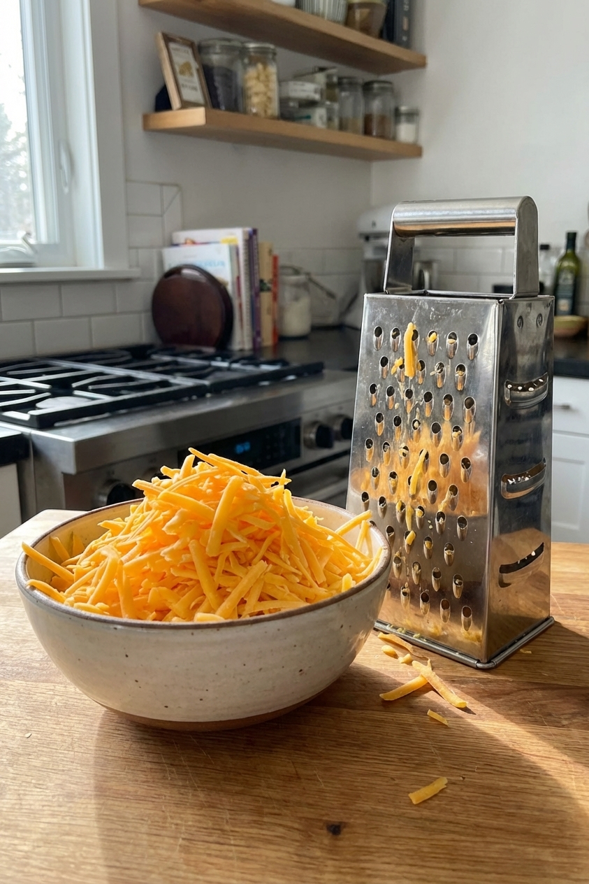 A photorealistic kitchen photo of a bowl of freshly shredded sharp cheddar cheese on a counter next to a box grater, with natural window light