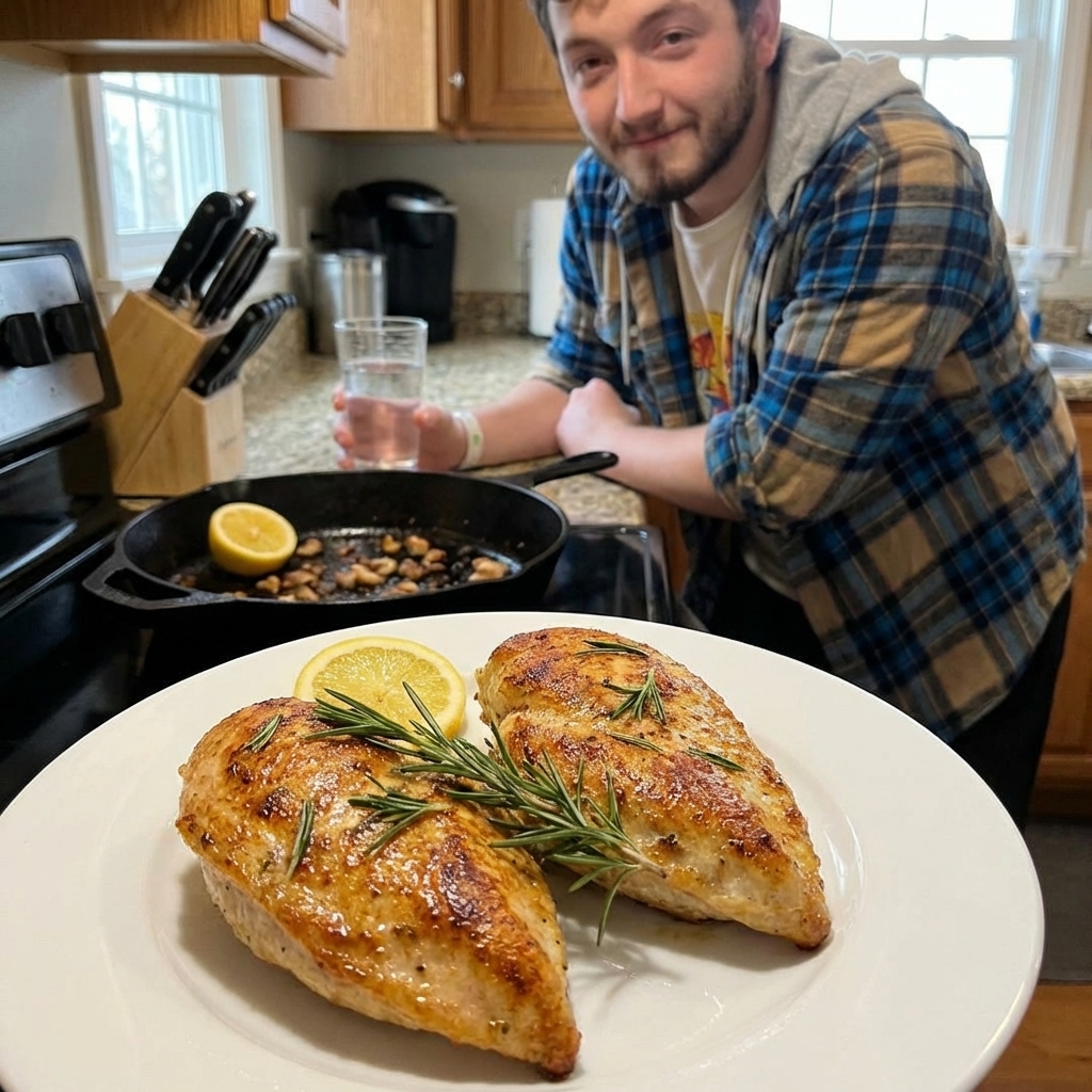 A photorealistic medium close-up of golden-brown pan-seared chicken breasts resting on a plate while a skillet with browned bits and a lemon half sits in the background, natural kitchen lighting