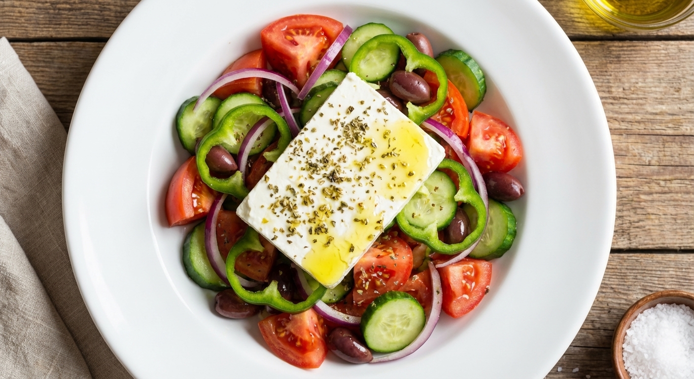 A photorealistic overhead food photograph of a classic Greek salad on a wide white ceramic plate with chunky ripe tomatoes, sliced cucumbers, red onion, green bell pepper rings, Kalamata olives, a thick slab of feta on top, dried oregano, and a glossy drizzle of olive oil in bright natural window light