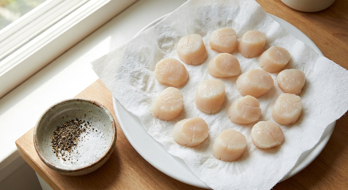 A photorealistic overhead kitchen photo of raw sea scallops patted dry on a paper towel lined plate with a small bowl of kosher salt and black pepper nearby, natural window light