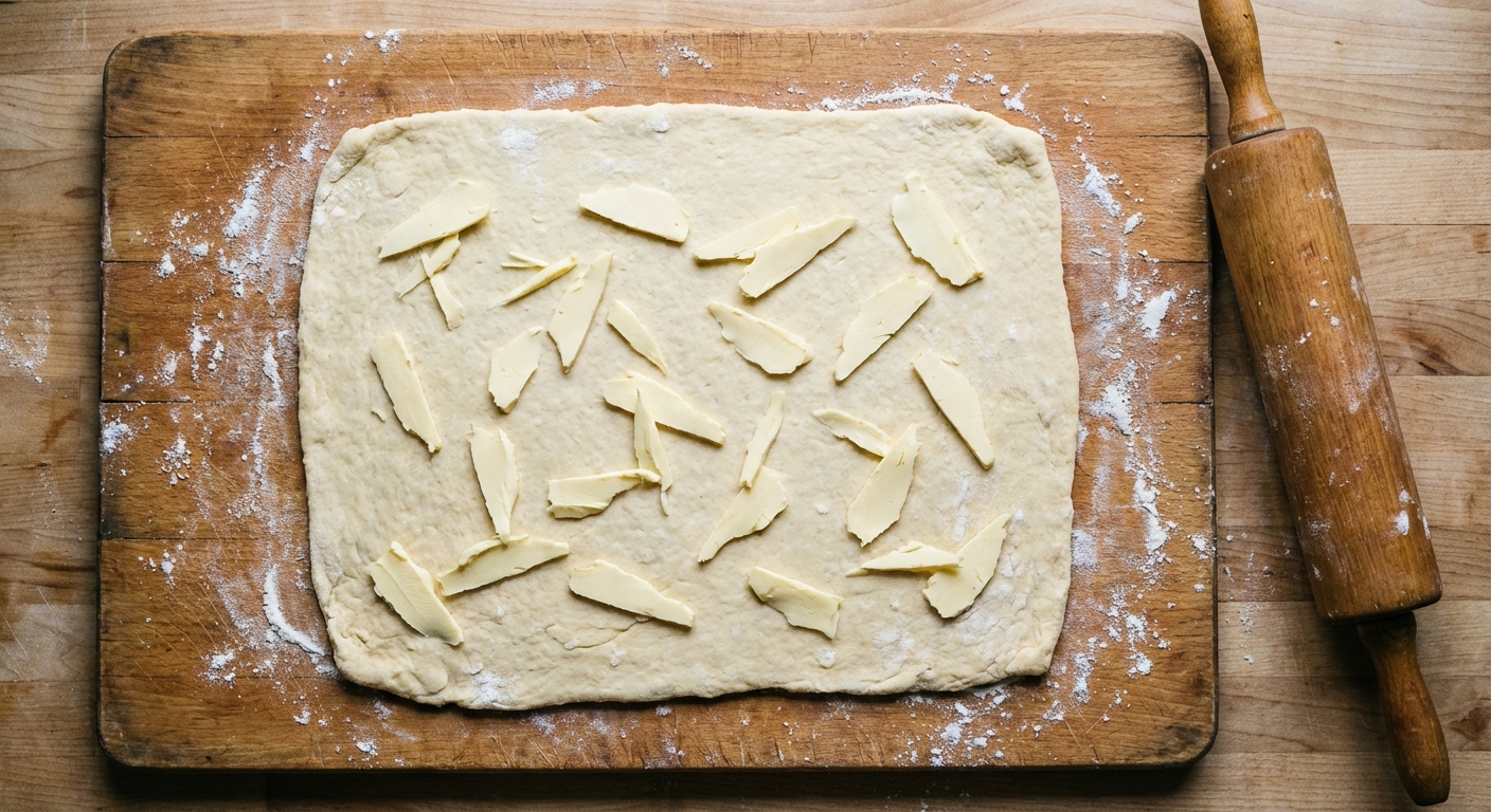 A photorealistic overhead photograph of biscuit dough rolled into a rectangle on a lightly floured wooden board, with thin shards of cold butter scattered across the surface before folding, a rolling pin resting nearby