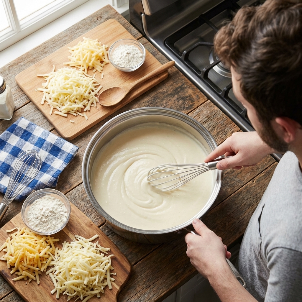 A photorealistic overhead shot of a saucepan with smooth, creamy white cheese sauce being whisked, with shredded white cheddar and fontina nearby on a cutting board in a home kitchen