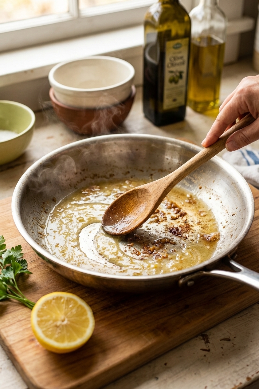 A photorealistic overhead shot of a wooden spoon swirling a glossy lemon butter pan sauce in a stainless steel skillet with browned bits on the bottom, a lemon half nearby, and steam rising in a cozy home kitchen