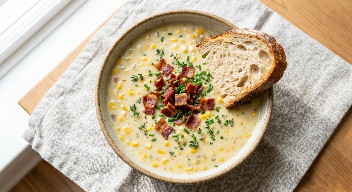 A photorealistic overhead view of a bowl of corn chowder with bacon and herbs, a slice of crusty bread on the side, on a light linen napkin, bright natural kitchen lighting