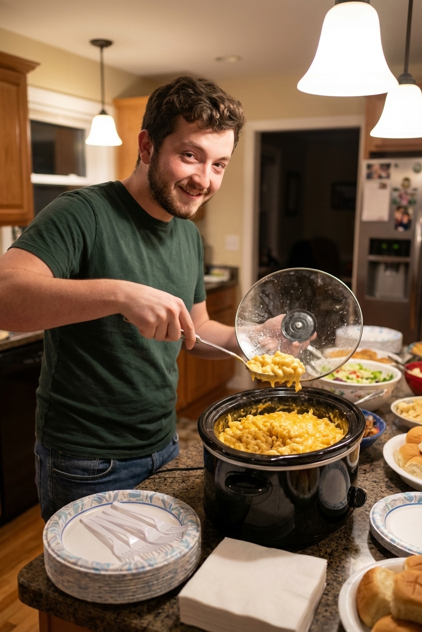 A photorealistic scene of a slow cooker on a potluck table with the lid off, showing creamy mac and cheese inside, surrounded by simple party plates and serving utensils in a casual home setting