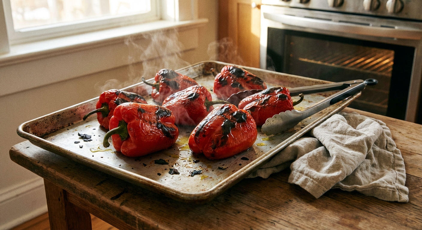 A photorealistic sheet pan of whole red bell peppers with blistered, blackened skins fresh from the oven, with tongs resting on the rim and a kitchen towel nearby, warm ambient kitchen lighting