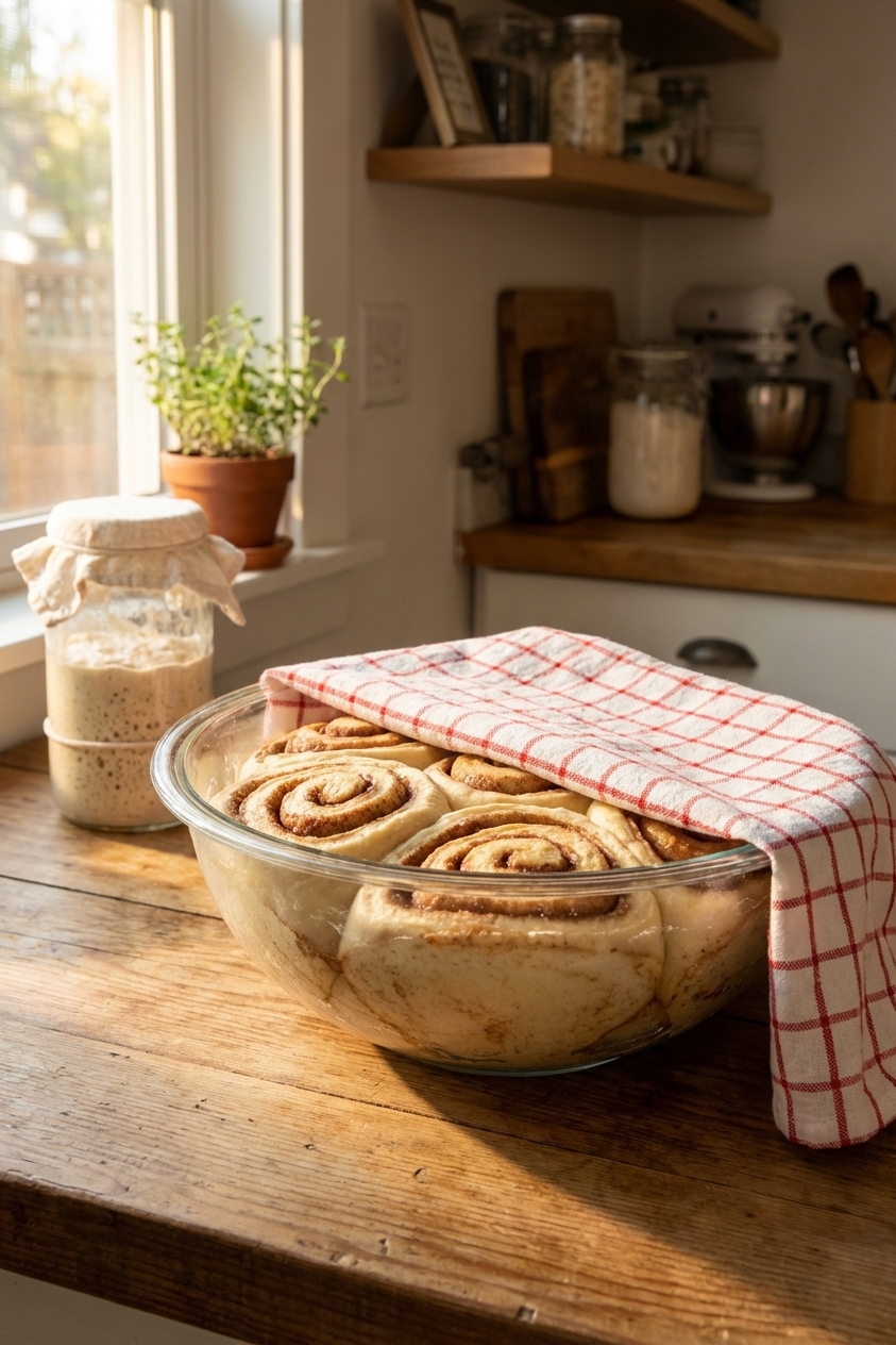 A photorealistic shot of cinnamon roll dough rising in a clear glass bowl covered with a towel on a wooden countertop, soft morning light coming through a window, a jar of sourdough starter in the background