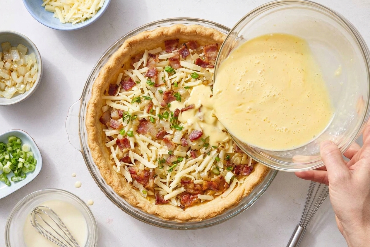A pie crust filled with cheddar, bacon, onions, and scallions as egg custard is poured in