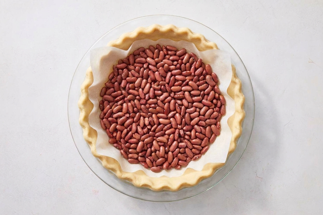 A pie crust in a glass pie dish lined with parchment and filled with dried beans for blind baking