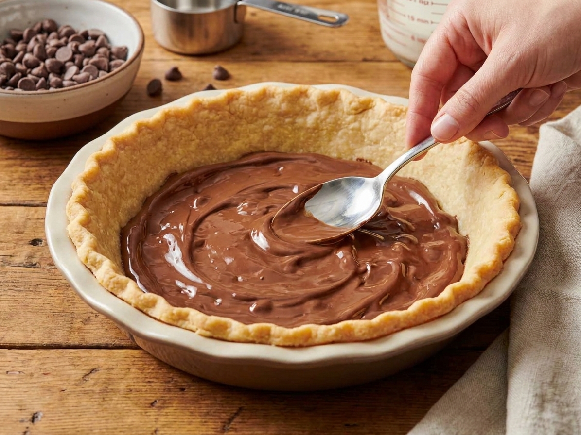 A pie crust in a pie dish with softened chocolate chips being spread into an even layer with the back of a spoon on a kitchen counter