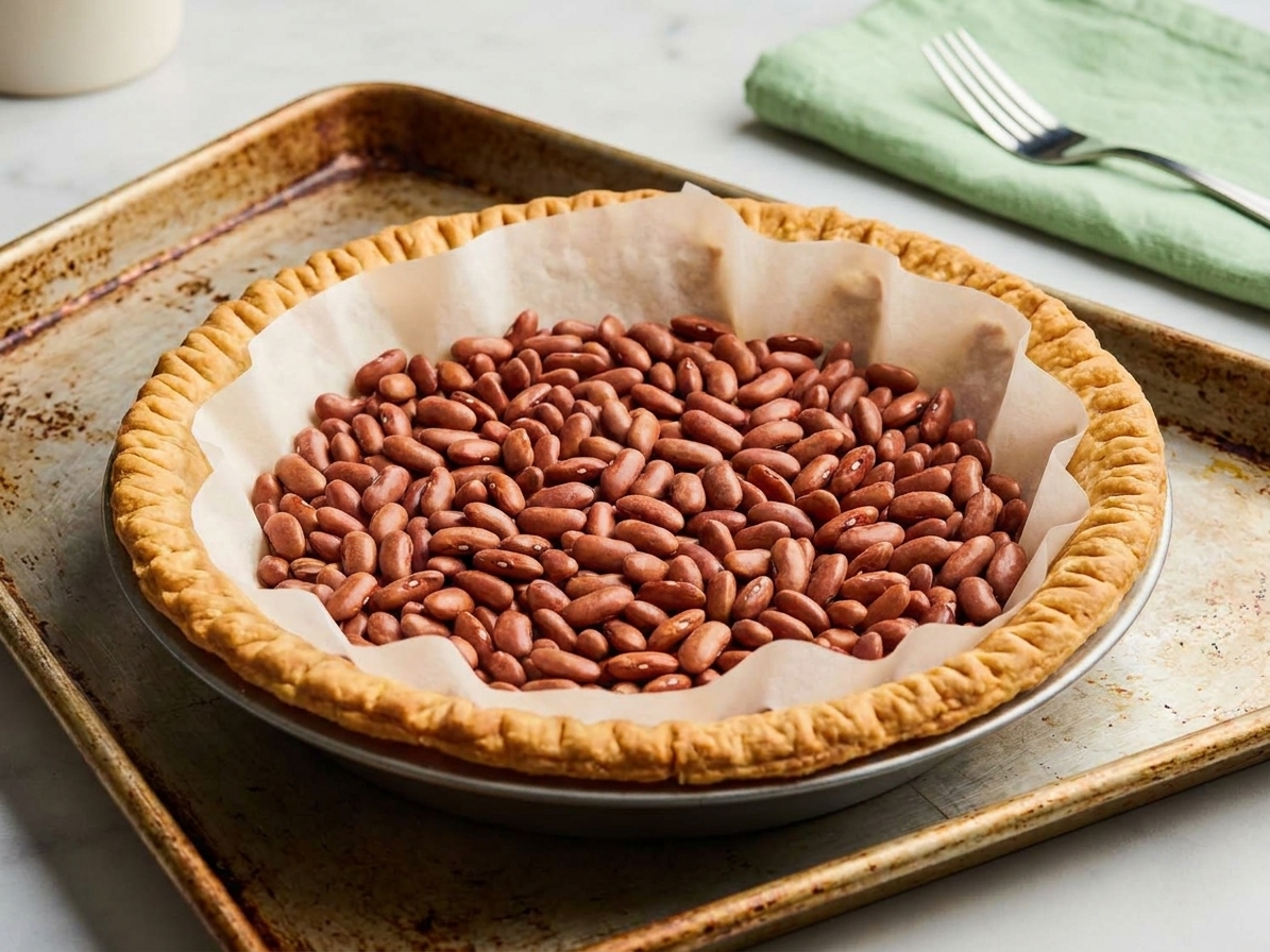 A pie crust lined with parchment and filled with dried beans for blind baking on a rimmed baking sheet
