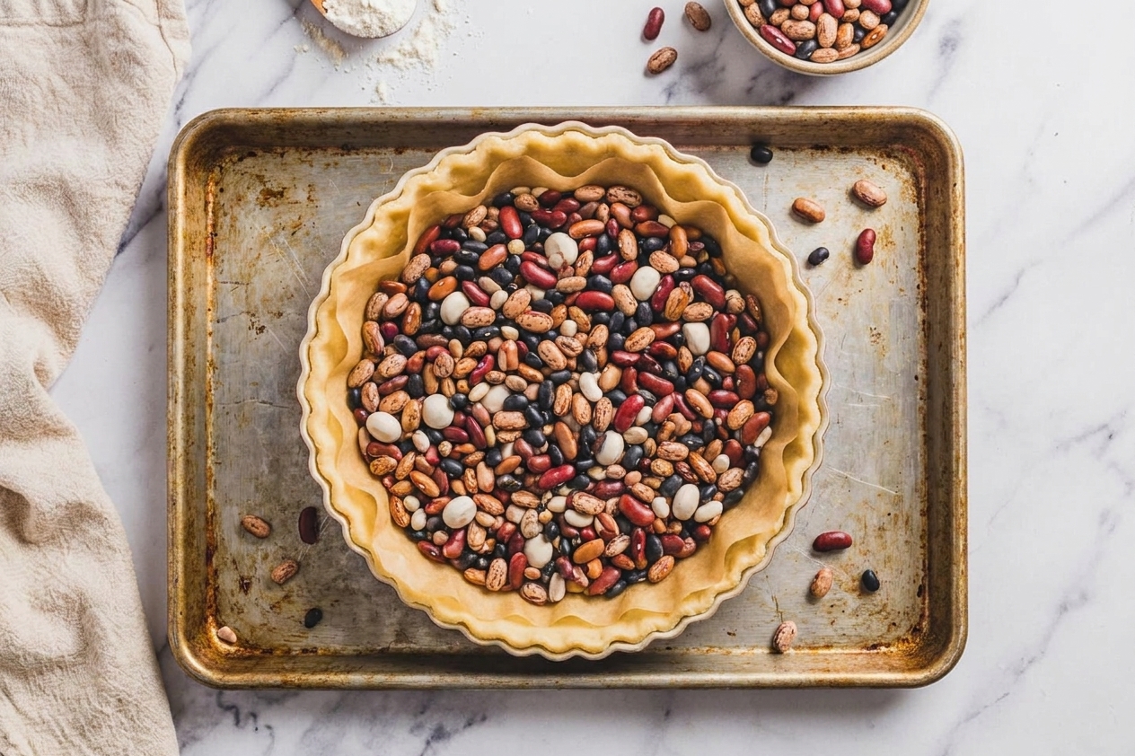 A pie crust lined with parchment and filled with dried beans for blind baking on a metal sheet pan