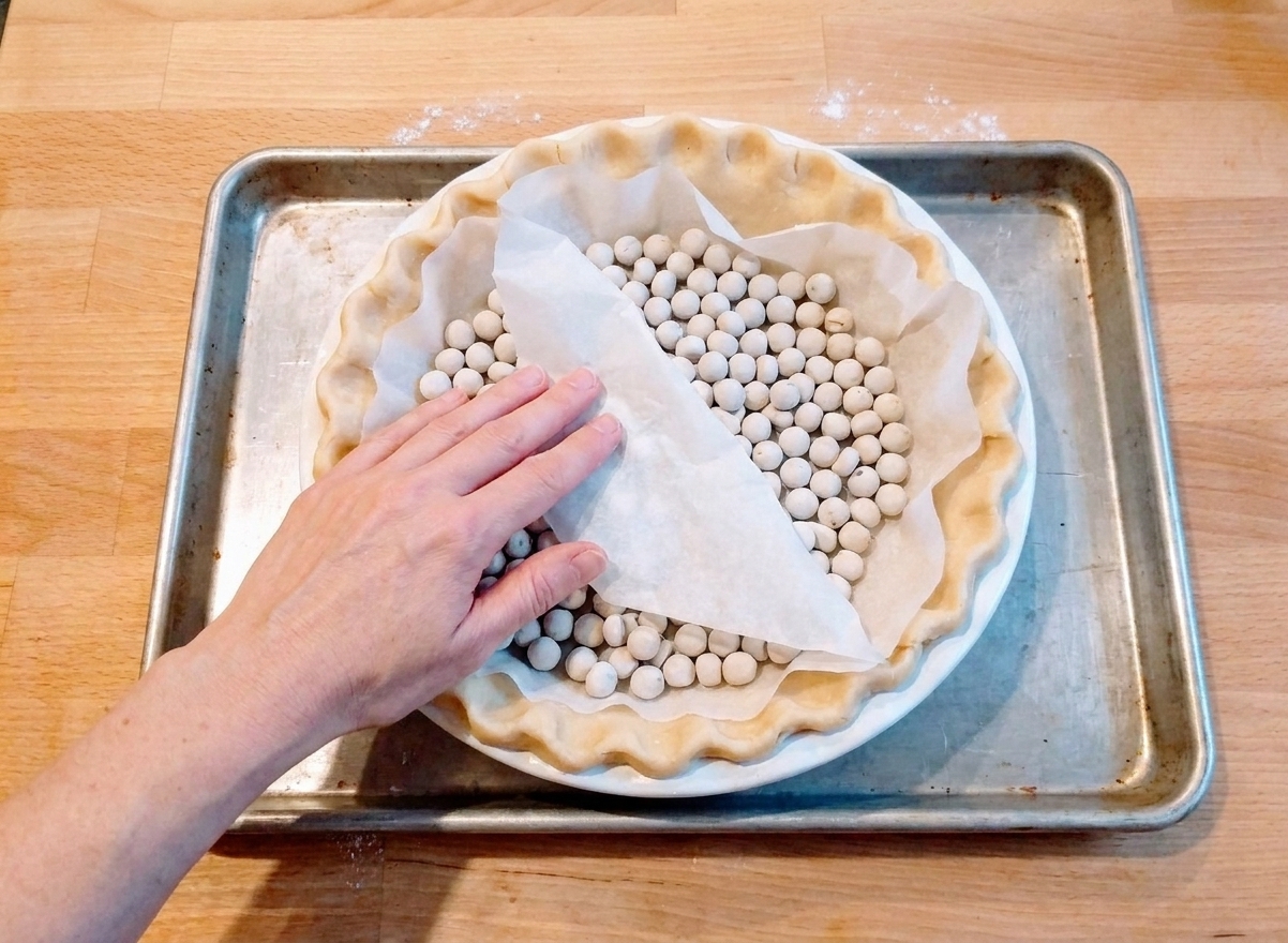 A pie crust lined with parchment paper and filled with ceramic pie weights on a baking sheet before going into the oven