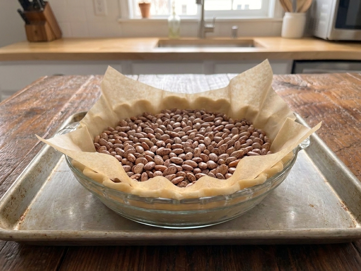 A pie crust lined with parchment paper and filled with dried beans as weights in a glass pie dish on a baking sheet