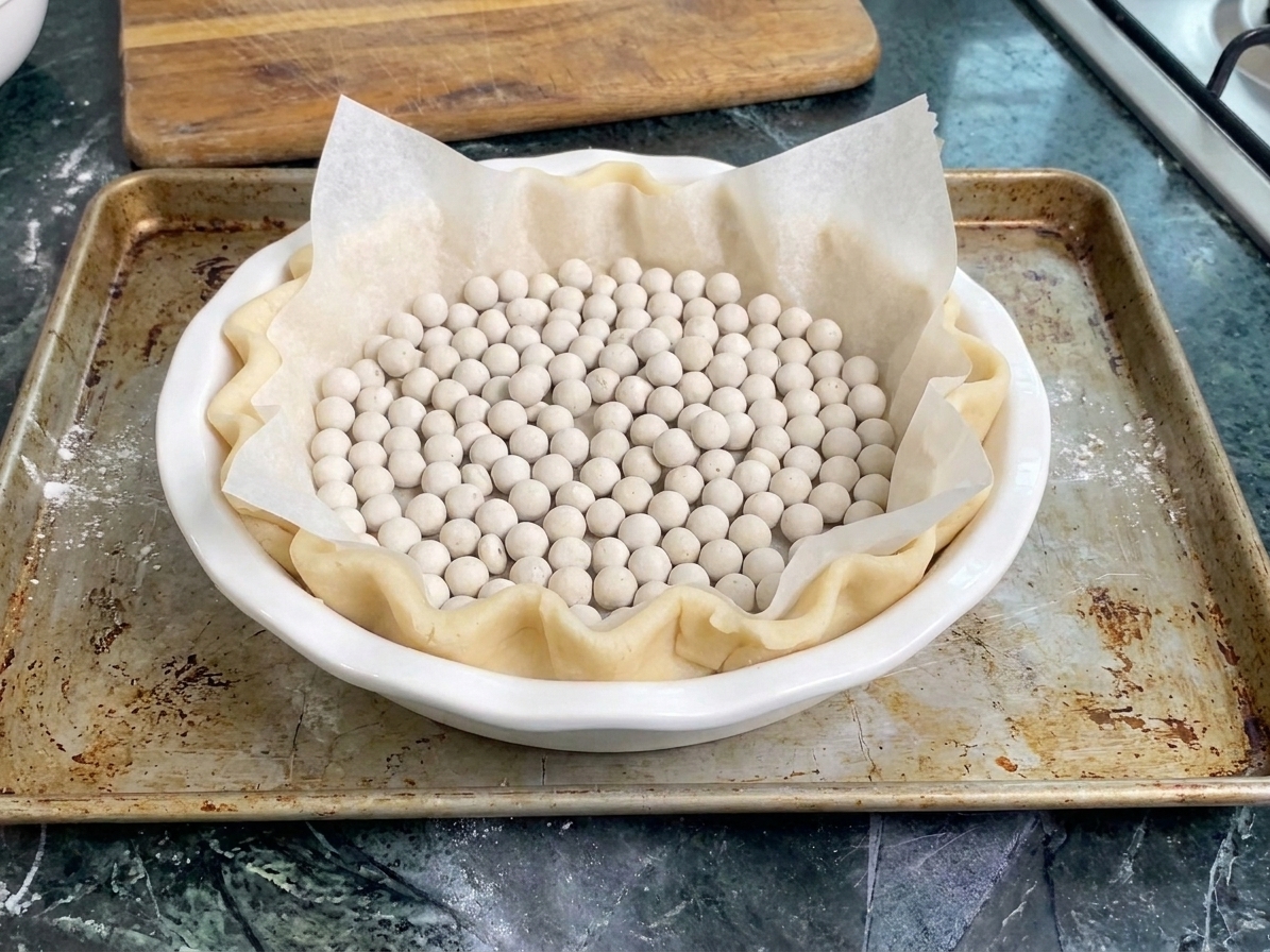 A pie crust lined with parchment paper and filled with ceramic pie weights on a baking sheet before going into the oven
